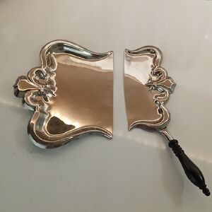 Antique Silver Crumb Catcher W Ornate Design And Wood Handle Silent Butler Set